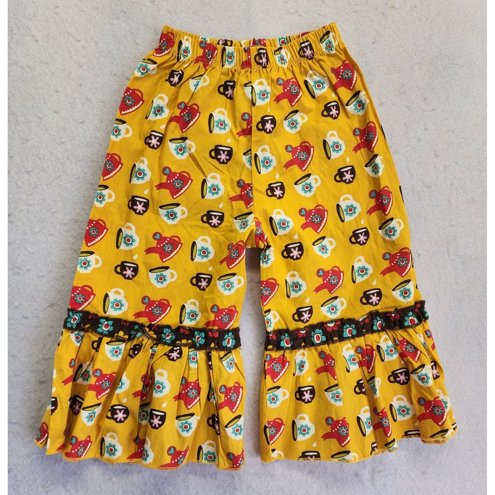 Jelly the Pug Tea Party Ruffle Bell Bottom Pants Yellow Size 4